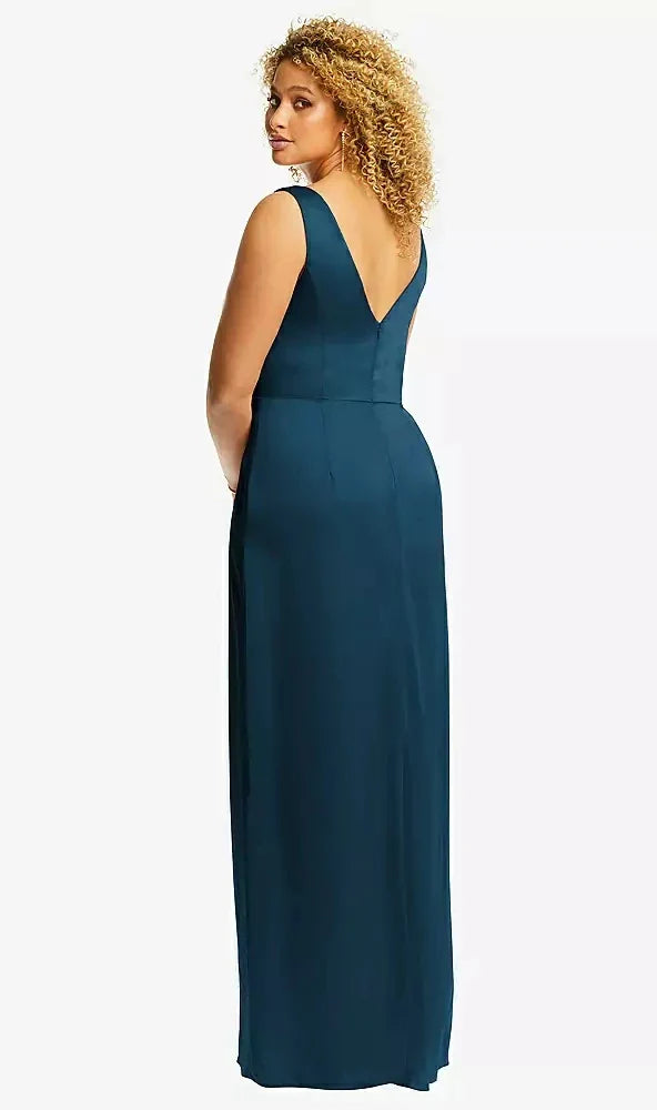 Faux Wrap Whisper Satin Maxi Dress with Draped Tulip Skirt in Atlantic Blue