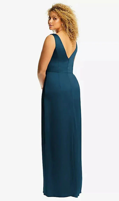 Faux Wrap Whisper Satin Maxi Dress with Draped Tulip Skirt in Atlantic Blue