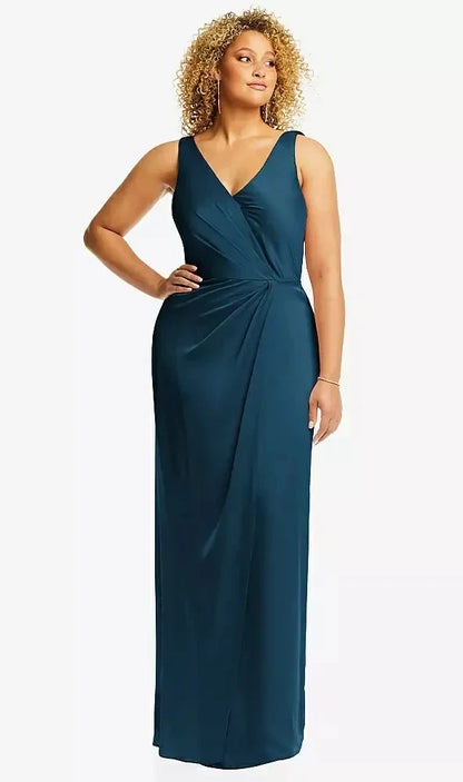Faux Wrap Whisper Satin Maxi Dress with Draped Tulip Skirt in Atlantic Blue
