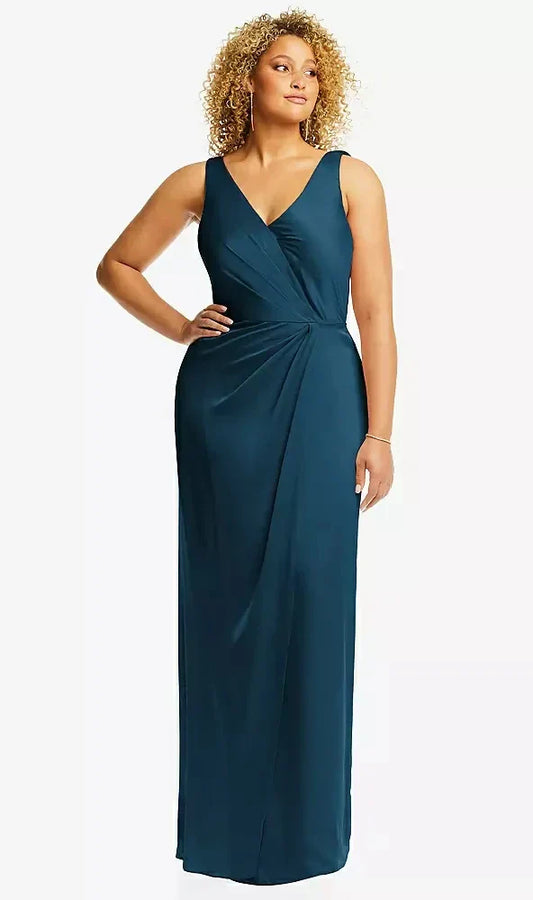 Faux Wrap Whisper Satin Maxi Dress with Draped Tulip Skirt in Atlantic Blue