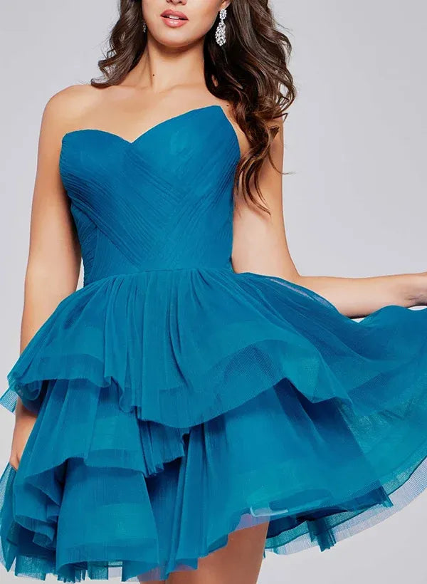 Flirty A-Line Strapless Sweetheart Ruched Tiered Tulle Teal Mini Homecoming Dress