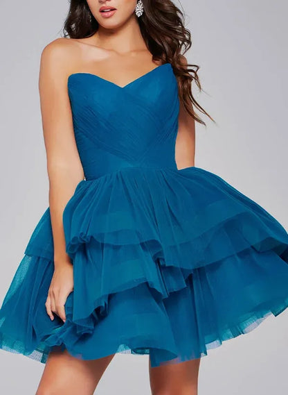 Flirty A-Line Strapless Sweetheart Ruched Tiered Tulle Teal Mini Homecoming Dress