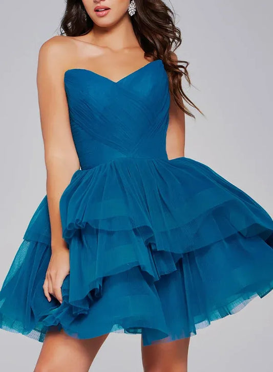 Flirty A-Line Strapless Sweetheart Ruched Tiered Tulle Teal Mini Homecoming Dress