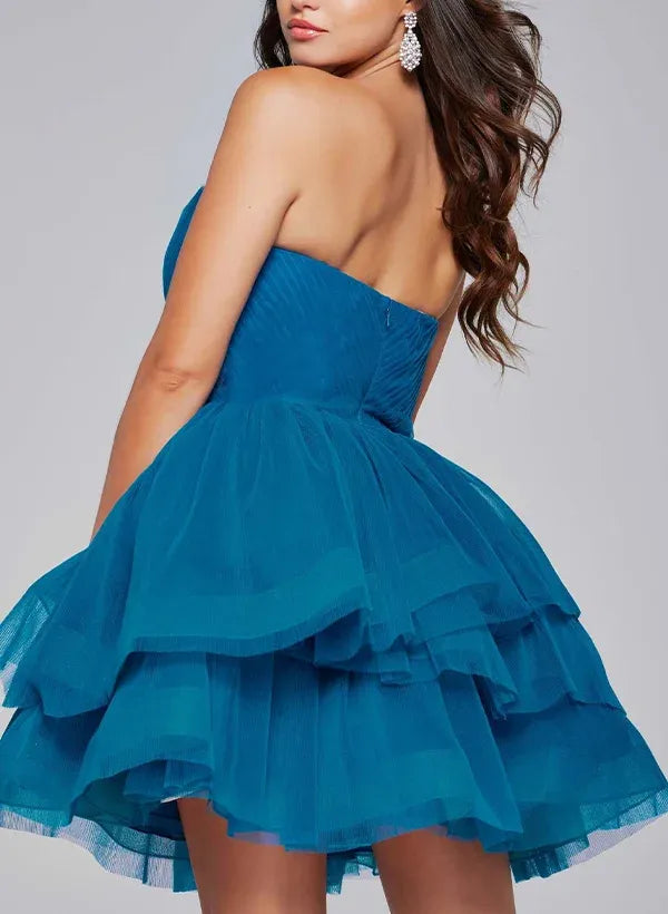 Flirty A-Line Strapless Sweetheart Ruched Tiered Tulle Teal Mini Homecoming Dress