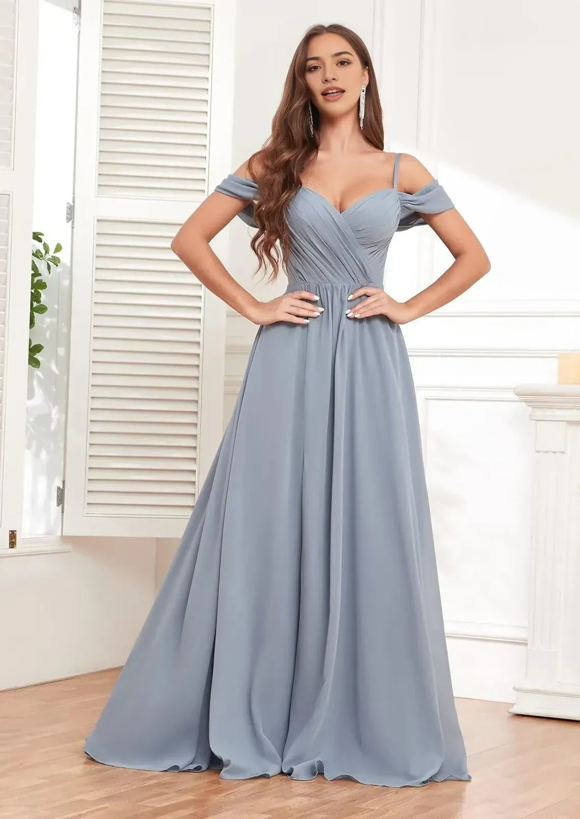 Elegant A-Line Off-Shoulder Lace-Up Back Maxi Evening Dress