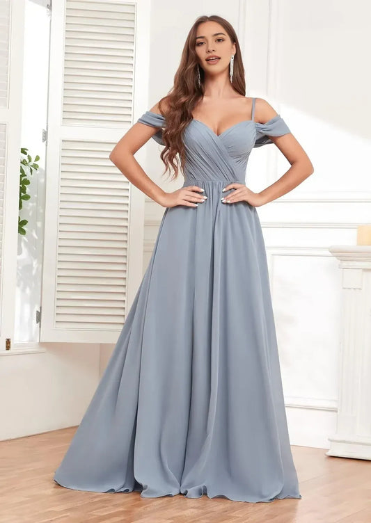 Elegant A-Line Off-Shoulder Lace-Up Back Maxi Evening Dress