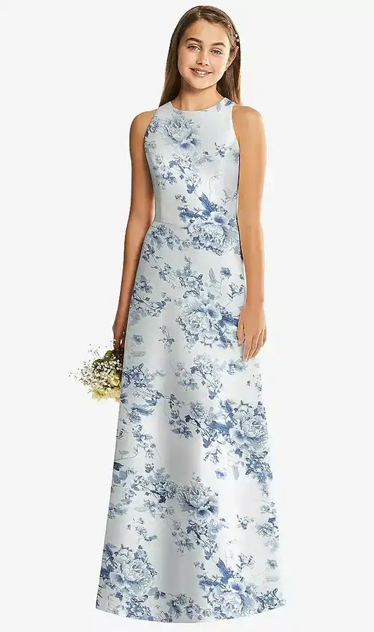 Floral Sleeveless Open-Back Satin Junior Bridesmaid Dress in Cottage Rose Larkspur