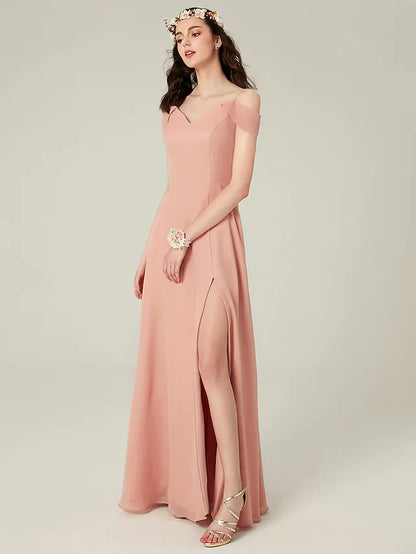 Back view of an A-line chiffon bridesmaid dress with delicate spaghetti straps.