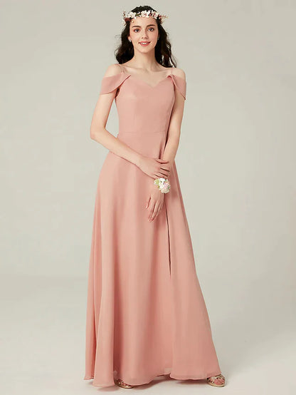 Close-up of the split front on an A-line chiffon bridesmaid dress.