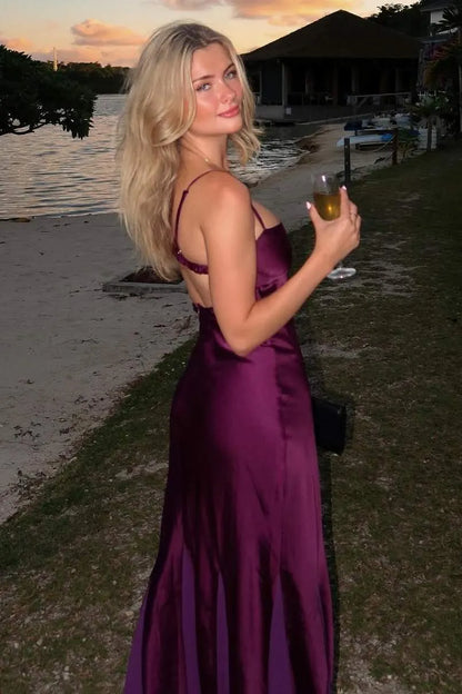 Flowy A-Line Spaghetti Straps Sleeveless Satin Pleated Floor-Length Prom Dress