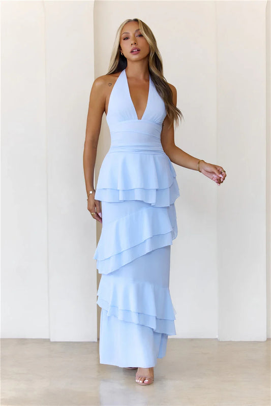 Flowy A-Line Halter Tiered Asymmetrical Ruffle Hem Light Blue Floor-Length Prom Dress