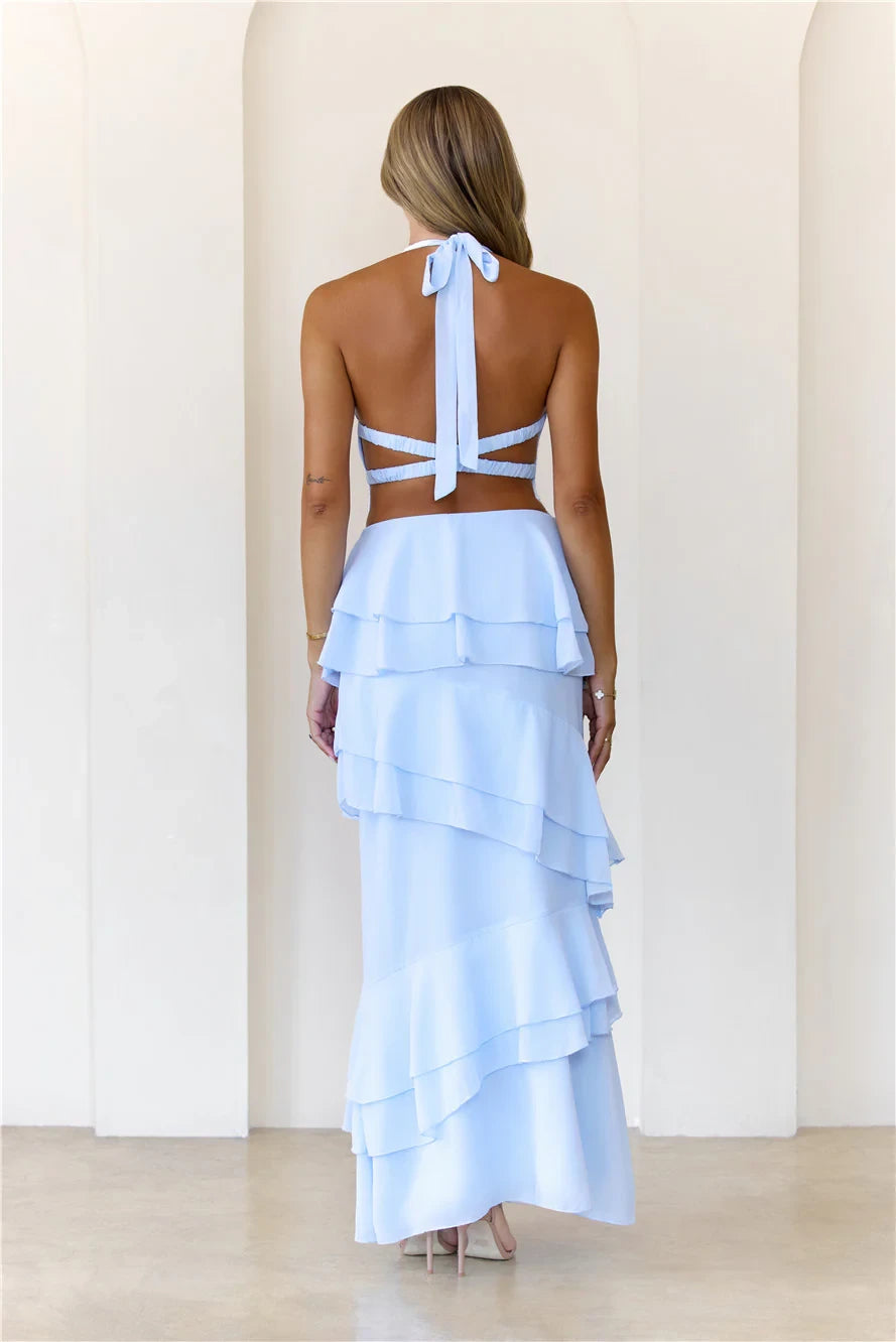 Flowy A-Line Halter Tiered Asymmetrical Ruffle Hem Light Blue Floor-Length Prom Dress