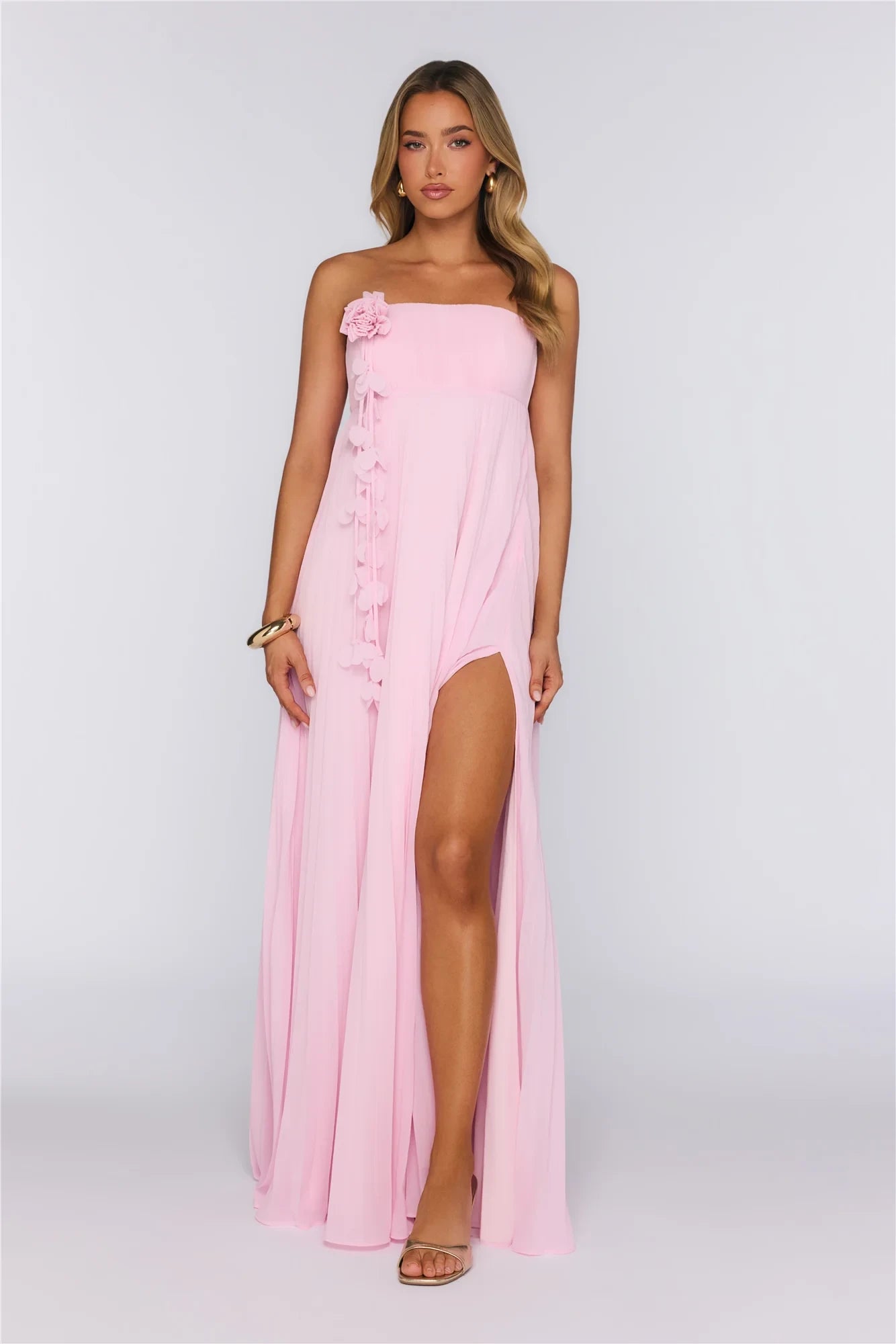 Flowy A-Line Strapless Floral Applique High Slit Pink Floor-Length Prom Dress