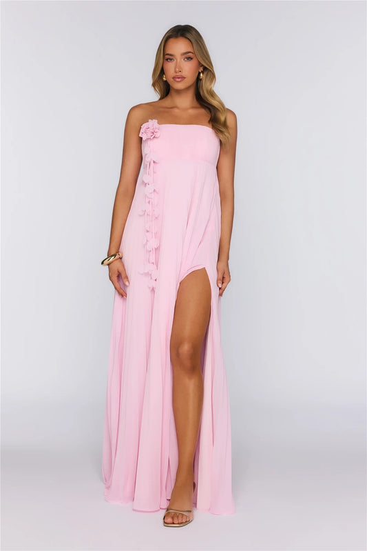 Flowy A-Line Strapless Floral Applique High Slit Pink Floor-Length Prom Dress