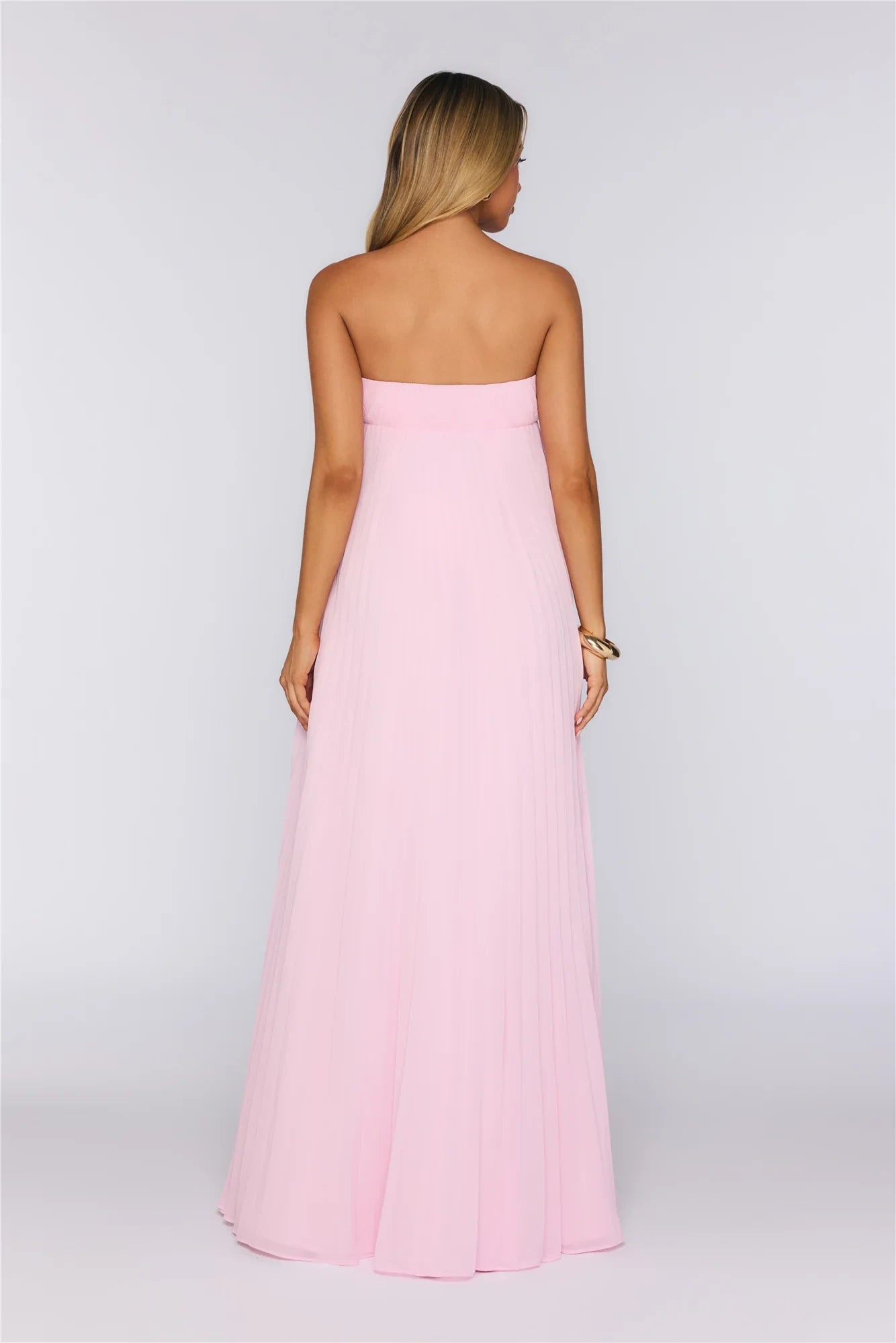 Flowy A-Line Strapless Floral Applique High Slit Pink Floor-Length Prom Dress