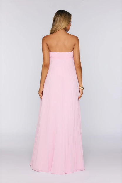 Flowy A-Line Strapless Floral Applique High Slit Pink Floor-Length Prom Dress