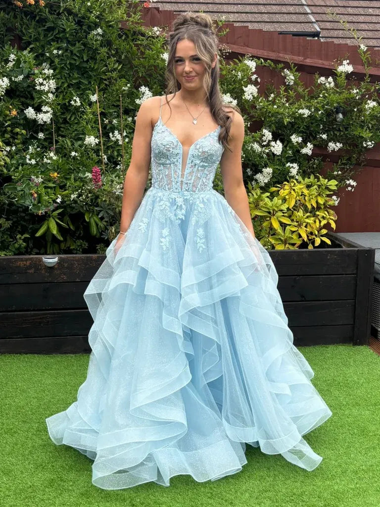 Fluffy A-Line V Neck Sleeveless Tulle Pleated Floor-Length Prom Dress