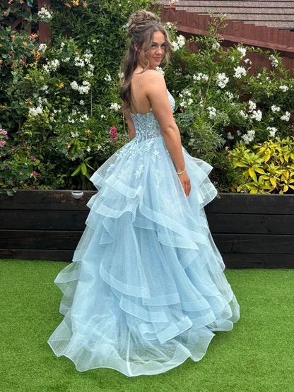 Fluffy A-Line V Neck Sleeveless Tulle Pleated Floor-Length Prom Dress