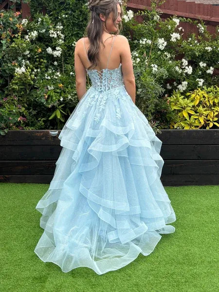 Fluffy A-Line V Neck Sleeveless Tulle Pleated Floor-Length Prom Dress