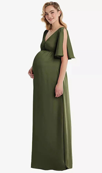 Flutter Bell Sleeve Empire Maternity Dress in Olive Green