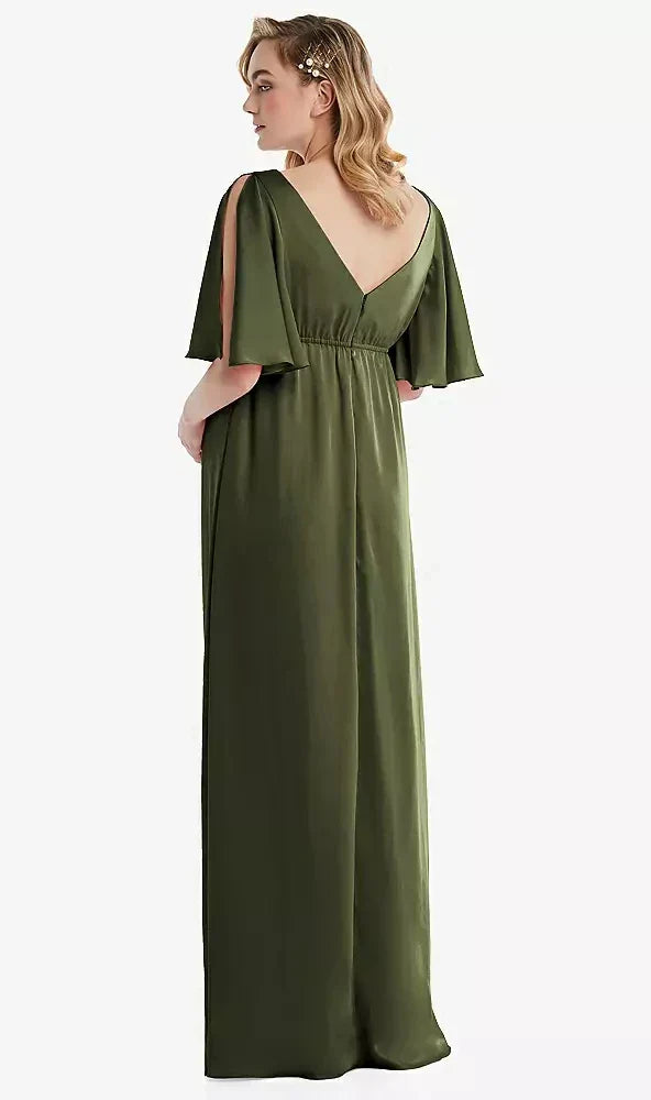 Flutter Bell Sleeve Empire Maternity Dress in Olive Green