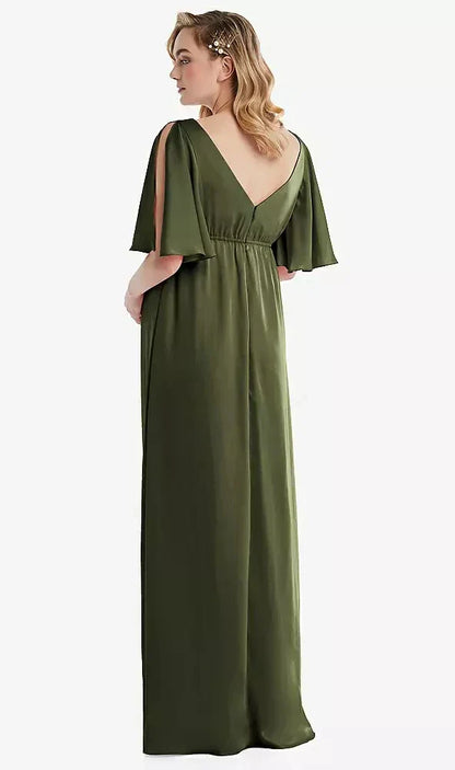 Flutter Bell Sleeve Empire Maternity Dress in Olive Green