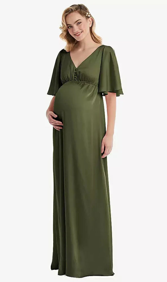 Flutter Bell Sleeve Empire Maternity Dress in Olive Green