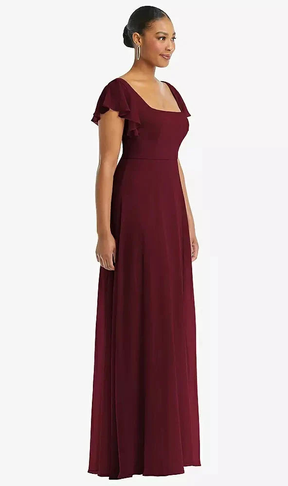 Flutter Sleeve Scoop Open-Back Chiffon Maxi Dress in Cabernet