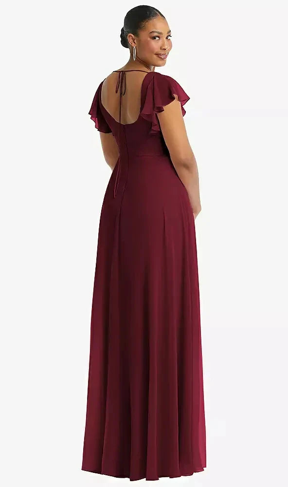 Flutter Sleeve Scoop Open-Back Chiffon Maxi Dress in Cabernet