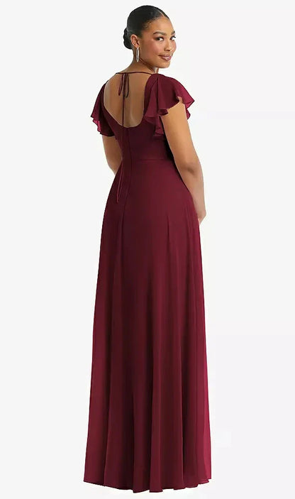Flutter Sleeve Scoop Open-Back Chiffon Maxi Dress in Cabernet