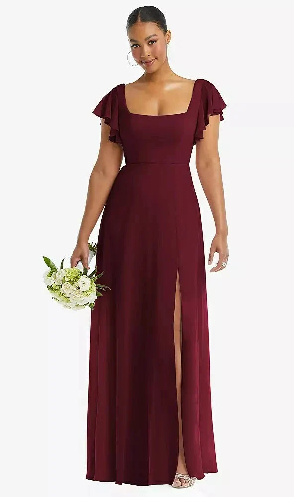 Flutter Sleeve Scoop Open-Back Chiffon Maxi Dress in Cabernet