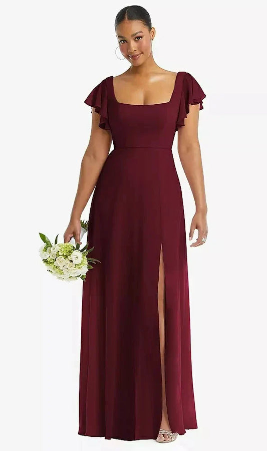 Flutter Sleeve Scoop Open-Back Chiffon Maxi Dress in Cabernet