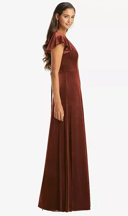 Flutter Sleeve Velvet Maxi Dress with Pockets in Auburn Moon