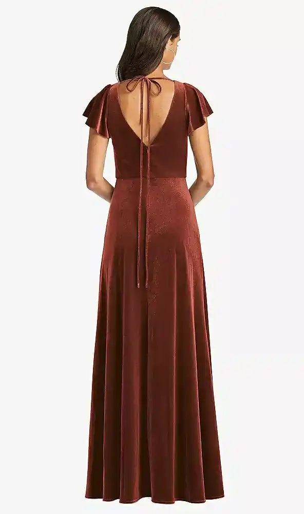 Flutter Sleeve Velvet Maxi Dress with Pockets in Auburn Moon