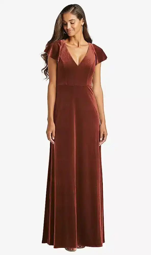 Flutter Sleeve Velvet Maxi Dress with Pockets in Auburn Moon