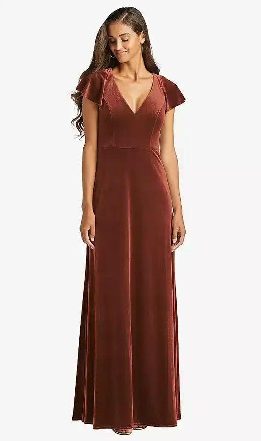 Flutter Sleeve Velvet Maxi Dress with Pockets in Auburn Moon