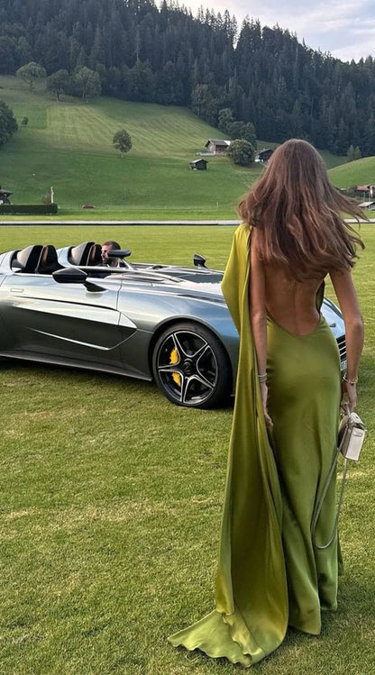 Formal Dresses Mermaid Sexy Sheath Green Backless Long Prom Dress Evening Dress With Flutter Tie/ Prom Dresses Store