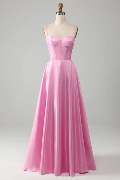 Formal Dresses Simple A Line Spaghetti Straps Pink Satin Corset Prom Dress Evening Dress / Prom Dresses Store