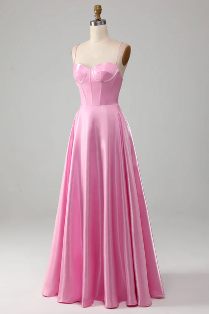 Formal Dresses Simple A Line Spaghetti Straps Pink Satin Corset Prom Dress Evening Dress / Prom Dresses Store