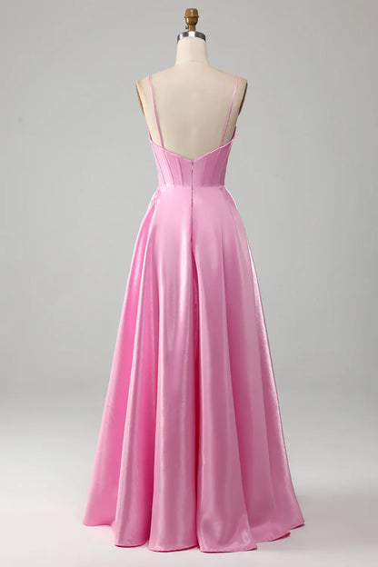 Formal Dresses Simple A Line Spaghetti Straps Pink Satin Corset Prom Dress Evening Dress / Prom Dresses Store