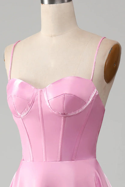 Formal Dresses Simple A Line Spaghetti Straps Pink Satin Corset Prom Dress Evening Dress / Prom Dresses Store