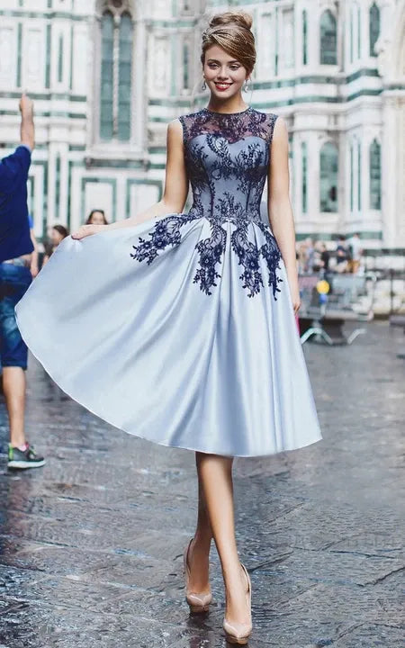 Formal Wear Dresses/A-Line Knee-Length High-Neck Sleeveless Satin Appliques Beading Button Dress Prom Dress