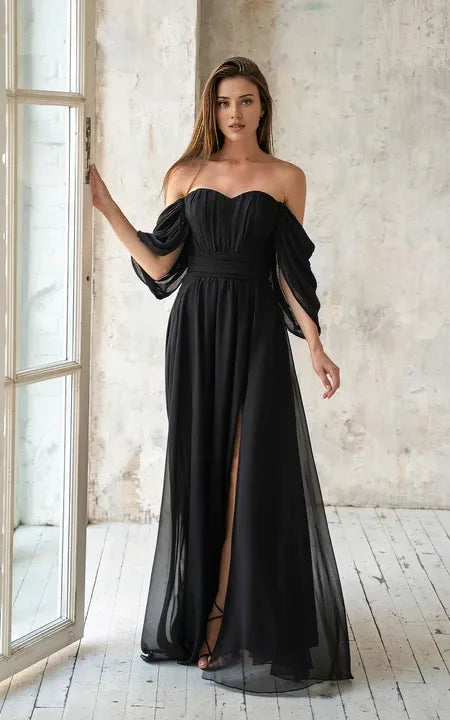 Formal Wear Dresses/A-Line Off-the-Shoulder Sweetheart neckline Floor-length Chiffon Bridesmaid Dress with Ruching and Split Front Prom Dress