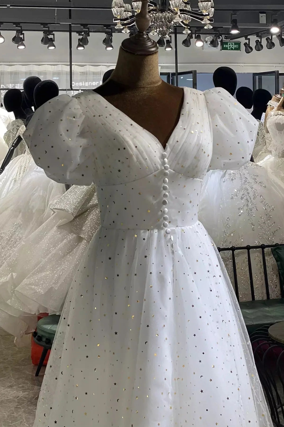 Formal Wear Dresses A-line Short Puffy Sleeves White Stars Tea Length Prom Dress Stores With Prom Dresses