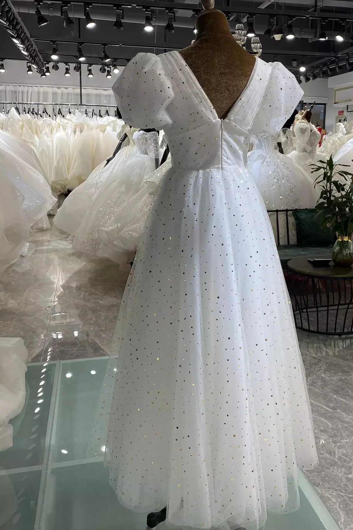 Formal Wear Dresses A-line Short Puffy Sleeves White Stars Tea Length Prom Dress Stores With Prom Dresses