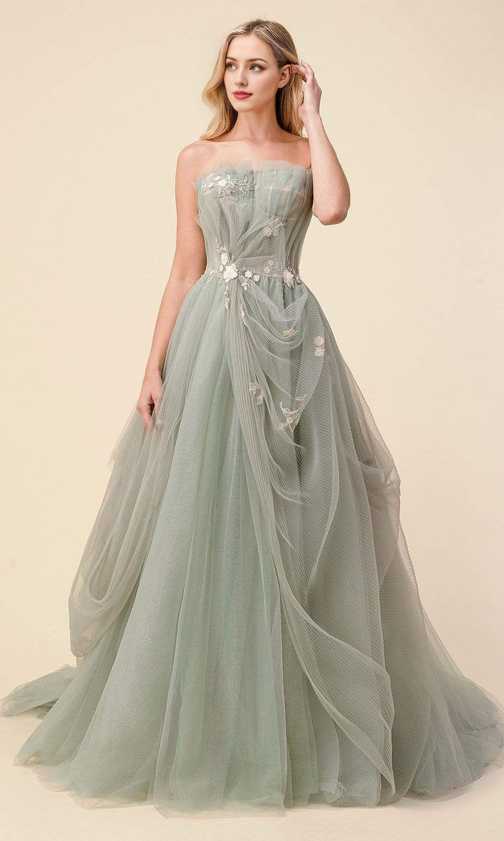 Formal Wear Dresses/ A-line Strapless Pleated Floral applique Floor Length Modest Prom Dresses/ Evening Dresses For Women