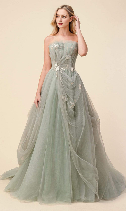 Formal Wear Dresses/ A-line Strapless Pleated Floral applique Floor Length Modest Prom Dresses/ Evening Dresses For Women