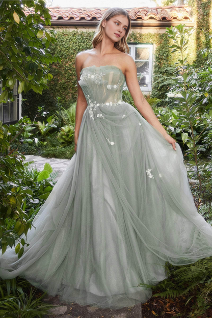 Formal Wear Dresses/ A-line Strapless Pleated Floral applique Floor Length Modest Prom Dresses/ Evening Dresses For Women