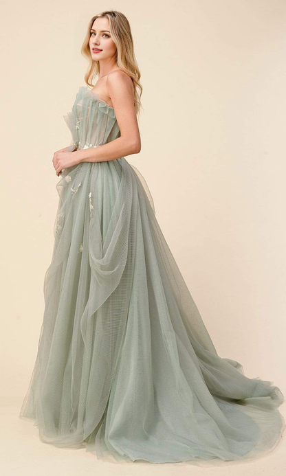 Formal Wear Dresses/ A-line Strapless Pleated Floral applique Floor Length Modest Prom Dresses/ Evening Dresses For Women