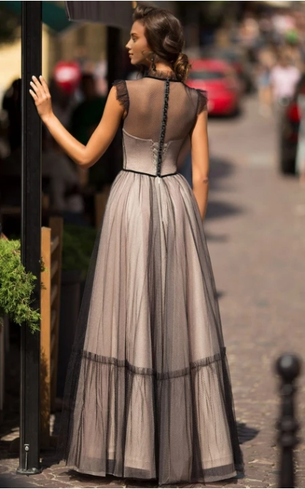 Formal Wear Dresses/Casual A Line Tulle High Neck Floor-length Button Formal Dress with Bow Prom Dress